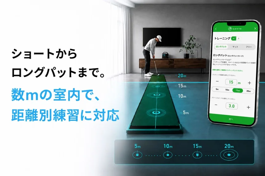 GINOVOのロングパットモード。室内で5m・10m・15m・20mの距離別練習